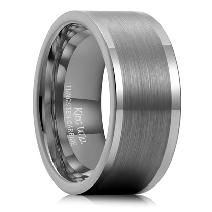 King Will Mens Brushed Wedding Band, Two Tone Matte Step Edges/Pipe Cut, Tungsten Carbide Anniversary Promise Rings Comfort Fit - color: Gunmetal Pipe Cut-10mm