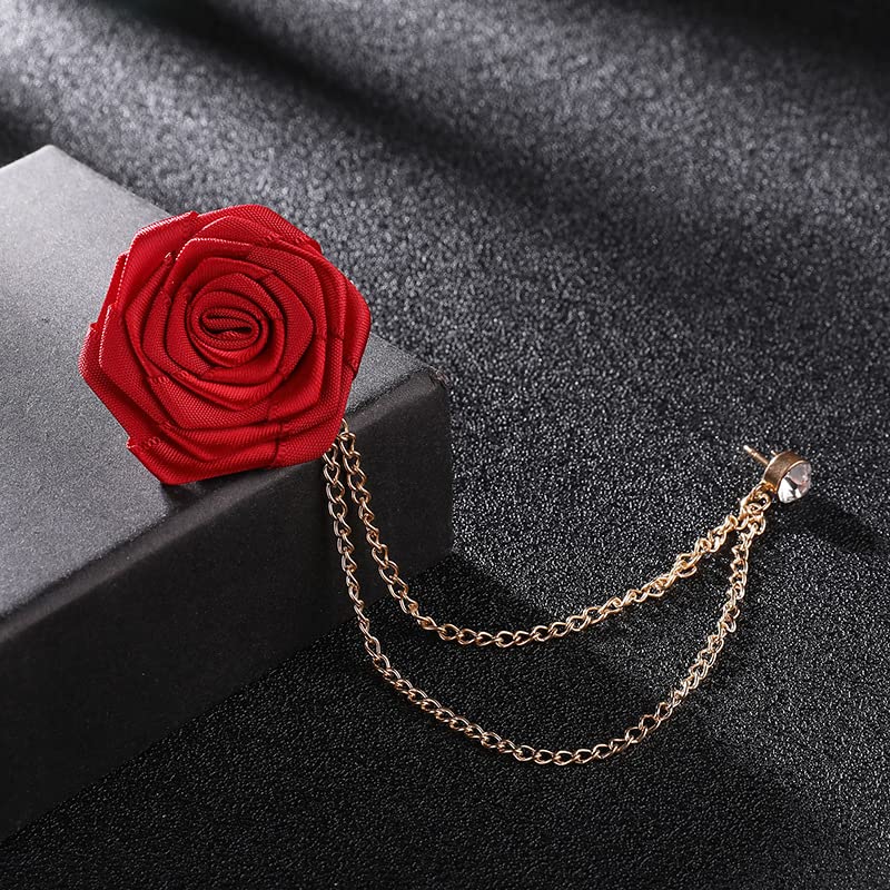 Bridegroom Wedding Brooch, Rose Flower Brooch Lapel Pin Badge Tassel Chain for Men Suit Accessories, Cloth Art Handmade Jewelry - color: Red