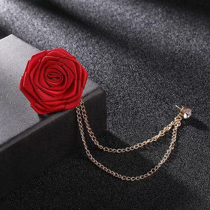 Bridegroom Wedding Brooch, Rose Flower Brooch Lapel Pin Badge Tassel Chain for Men Suit Accessories, Cloth Art Handmade Jewelry - color: Red