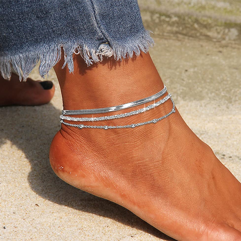 Sparkling Ankle Bracelets for Women Waterproof,18K Gold Plated Anklets for Women Large Ankles - color: C-3pcs Mix Snake Chain-Silver
