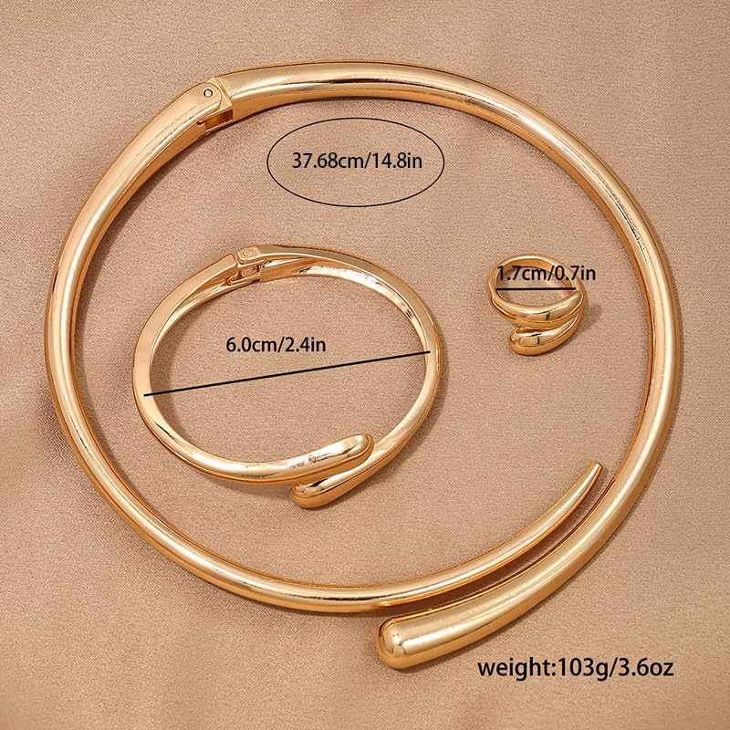 Round Teardrop Necklace Bracelet Ring Jewelry Set Gold Plated Chunky Statement Jewelry Set for Women Simple Elegant Jewelry - color: gold