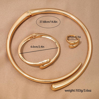 Round Teardrop Necklace Bracelet Ring Jewelry Set Gold Plated Chunky Statement Jewelry Set for Women Simple Elegant Jewelry - color: gold