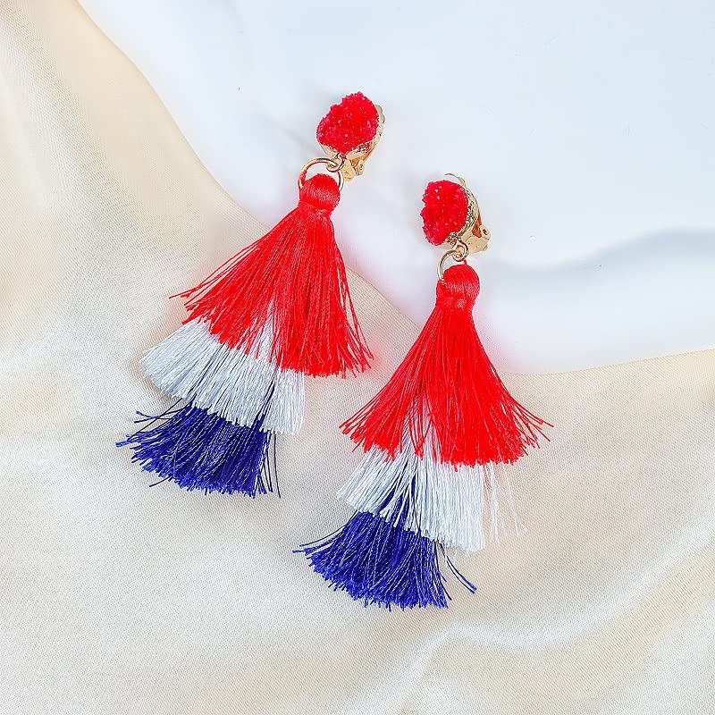 Boho Statement Tassel Earrings - Clip On Feather Dangling Fringe Earrings for Women - Non Piercing Jewelry for Vacation, Beach, Bride, Bachelorette, Costume, Prom - color: Red White Blue Clip On