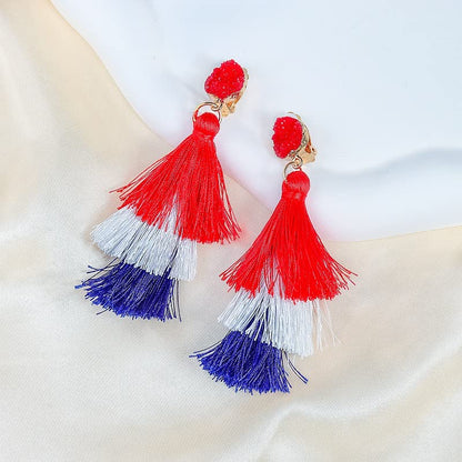 Boho Statement Tassel Earrings - Clip On Feather Dangling Fringe Earrings for Women - Non Piercing Jewelry for Vacation, Beach, Bride, Bachelorette, Costume, Prom - color: Red White Blue Clip On