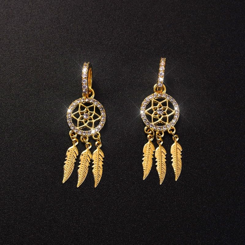 Dream Catcher Dangle Earrings for Women, Boho Feather Tassels Drop Earrings Geometric AAA Zircon Ear Jewelry