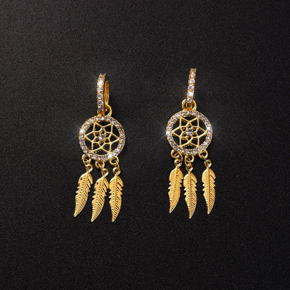 Dream Catcher Dangle Earrings for Women, Boho Feather Tassels Drop Earrings Geometric AAA Zircon Ear Jewelry