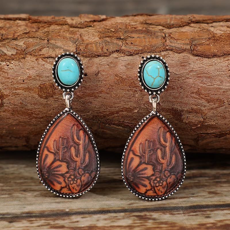 Boho Western Earrings for Women Western Feather Earrings Vintage Concho Turquoise Teardrop Dangle Earrings Country Concert Jewelry Accessories - style: Silver Brown Turquoise