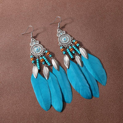 Boho Western Earrings for Women Western Feather Earrings Vintage Concho Turquoise Teardrop Dangle Earrings Country Concert Jewelry Accessories - style: Blue feather