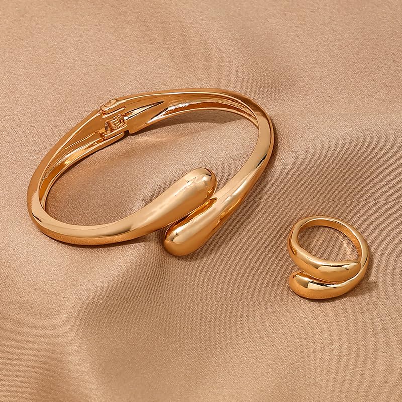 Round Teardrop Necklace Bracelet Ring Jewelry Set Gold Plated Chunky Statement Jewelry Set for Women Simple Elegant Jewelry - color: gold