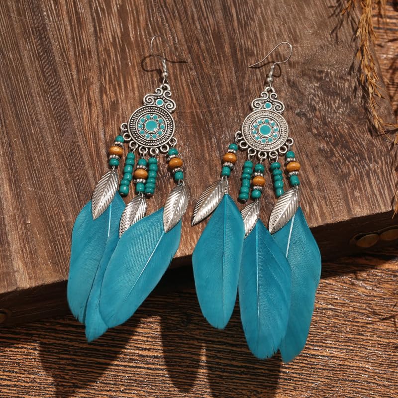 Boho Western Earrings for Women Western Feather Earrings Vintage Concho Turquoise Teardrop Dangle Earrings Country Concert Jewelry Accessories - style: Blue feather