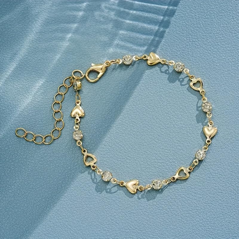 1PC Chain Bracelet, Gold Tone, Solid And Hollow Heart Charms, Paved Crystal Accents, Minimalist Design, Jewelry For Outfit Matching(Gold)