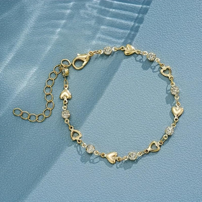 1PC Chain Bracelet, Gold Tone, Solid And Hollow Heart Charms, Paved Crystal Accents, Minimalist Design, Jewelry For Outfit Matching(Gold)