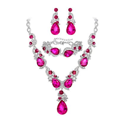 Wedding Bridal Jewelry Set for Women Prom Party Accessories | Shiny Multi Teardrop Cluster Crystal Statement Necklace Dangle Earrings Link Bracelet Set for Bride Bridesmaid - color: Fuchsia Silver-Tone