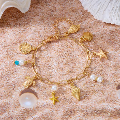 Shell Starfish Bracelet Seahorse Conch Starfish Sea Shell Pearls Charm Stone Bracelet Statement Bohemian Sea Themed Beach Jewelry for Women - color: Color C
