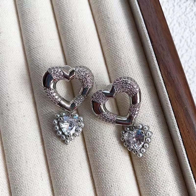 18K Gold Plated & Silver Chunky Heart & Bow Earrings for Women, Chunky Heart Dangle Hoops/Tiny Studs, Kawaii Dainty Hypoallergenic Jewelry for Multiple Piercings, Gift for Her - style: CZ Heart