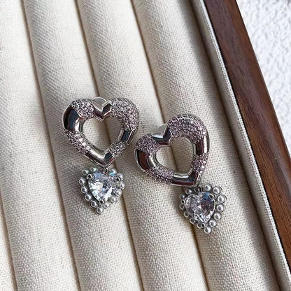 18K Gold Plated & Silver Chunky Heart & Bow Earrings for Women, Chunky Heart Dangle Hoops/Tiny Studs, Kawaii Dainty Hypoallergenic Jewelry for Multiple Piercings, Gift for Her - style: CZ Heart