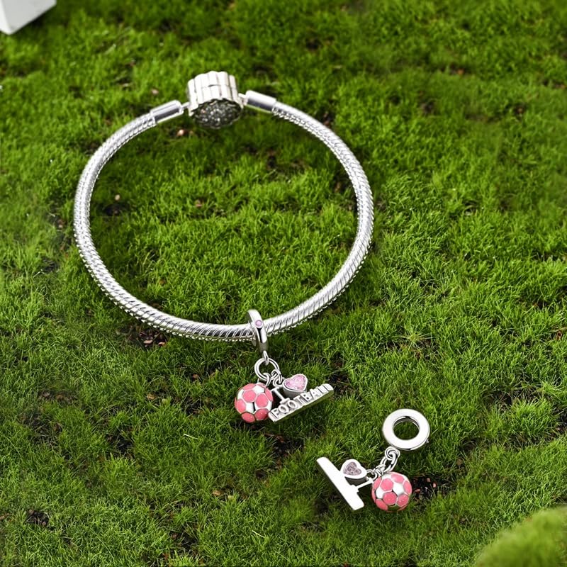 925 Sterling Silver Charms for Bracelets and Necklaces Beads Jewelry Charms for Women - color: Barbie Pink Soccer Charm