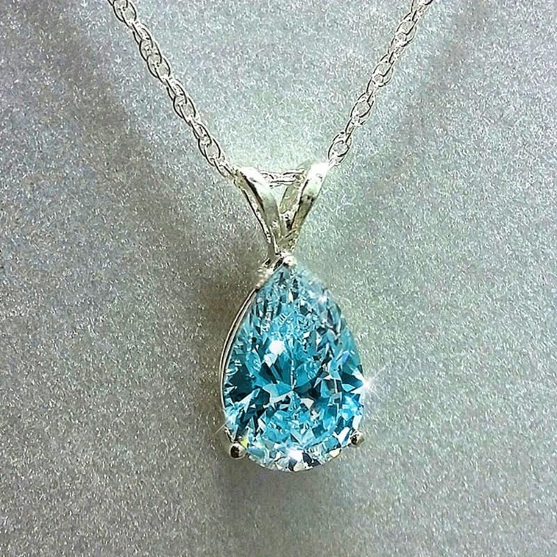 Exquisite Teardrop Zircon Pendant Necklace for Women Bridal Wedding Charm Necklace Jewelry Valentine's Day Gift - color: blue