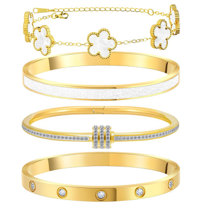 MOINSPIRE Gold Bracelets for Women, 18K Gold Plated Tennis Nail Clover love Bangle Bracelets Set Non Tarnish, Stainless Steel Trendy Stackable Bracelet Fashion Jewelry Accessories Gifts for Christmas - color: C2-White