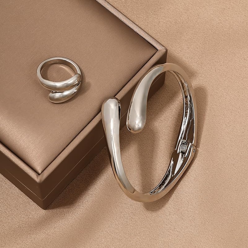 Round Teardrop Necklace Bracelet Ring Jewelry Set Gold Plated Chunky Statement Jewelry Set for Women Simple Elegant Jewelry - color: silver