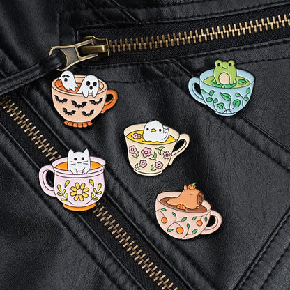 Cartoon Animal Enamel Brooch Set Cute Butterfly Duck Cat Lapel Pins for Backpacks Jacket Decoration Gifts for Friends - style: Animal Cup