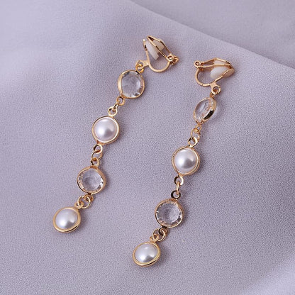 18K Gold Plated Clip On Pearl and CZ Crystal Dangle Earrings for Women, Long Drop Earrings with Round Faux Pearl and Clear Faceted Stone Links, Non Pierced Lightweight Statement Jewelry