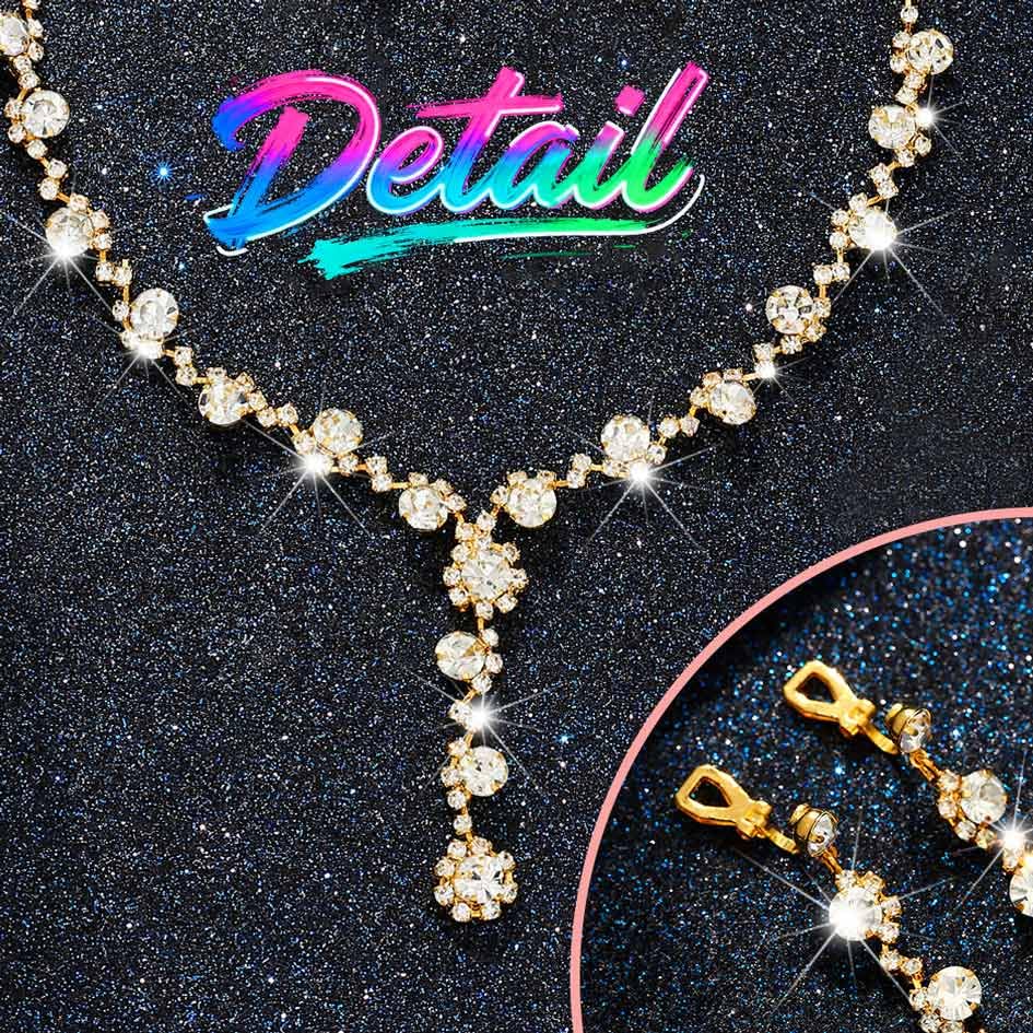Sixexey Rhinestone Jewelry Set Bridal Necklaces Clip On Earrings Set Wedding Prom Jewelry Accessories for Women - color: Gold