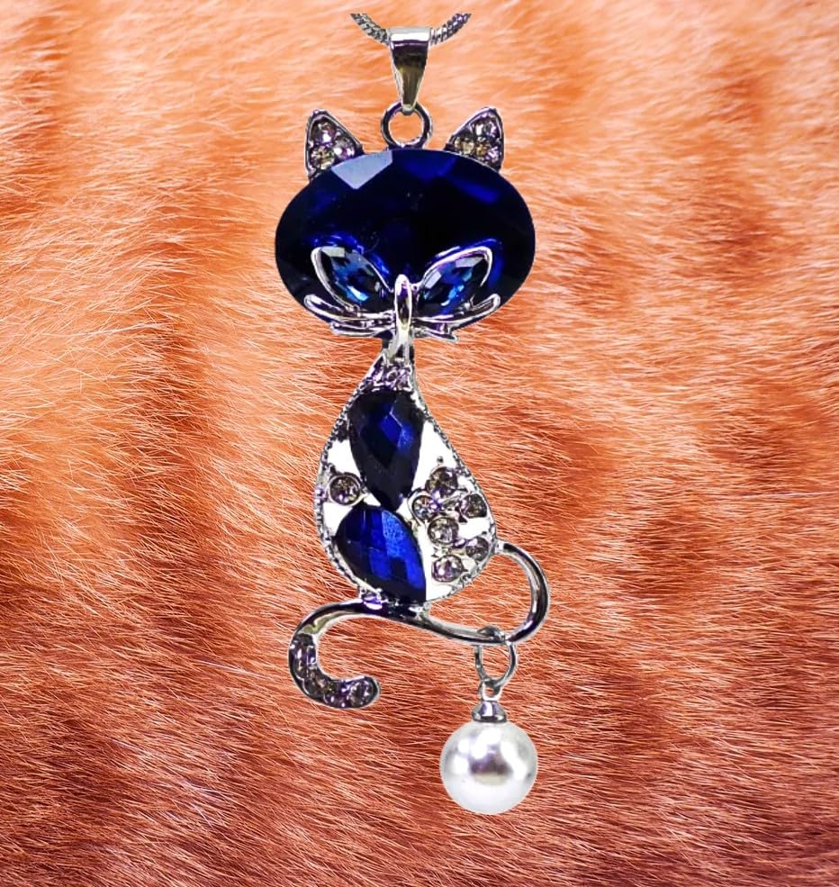 Blue Crystal Cat Pendant Necklace for Women – Large Sparkling Rhinestone with Moving Pearl, Long Silver Tone Snake Chain, Cat Lover Gift Fashion Statement Jewelry