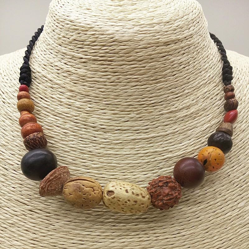 COLORFUL BLING Natural Chunky Wooden Beads Statement Necklace Boho African Tribal Collar Choker Bib Necklace Hippie Vacation Jewelry for Unisex Men Women - color: Bodhi seed