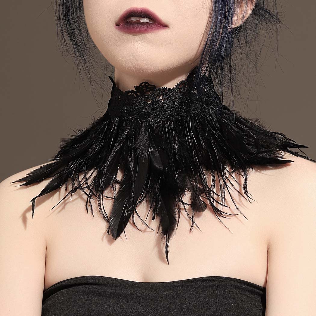 Gothic Natural Feather Collar Necklace Black Lace Choker Necklaces Halloween Party Costume Accessories Neck Jewelry for Women