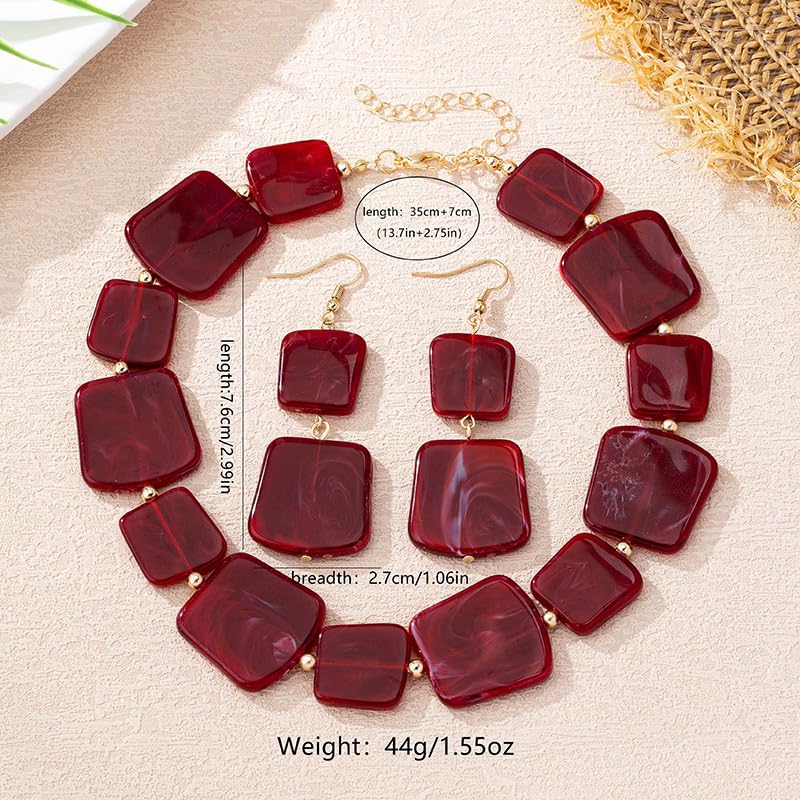 Retro Square Resin Beaded Jewelry Set Bohemia Vintage Adjustable Geometric Acrylic Beaded Choker Necklaces Dangle Earrings for Women Boho Trendy Wedding Party Statement Jewelry Gifts - style: StyleA