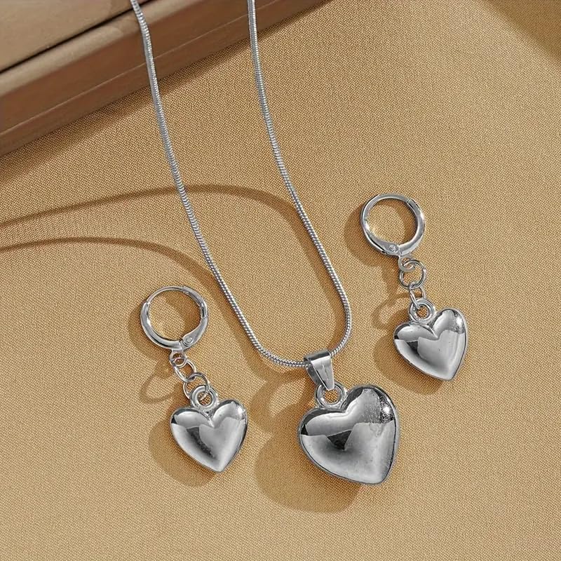 Tone Puffy Heart Pendant Necklace and Huggie Earrings Set, Minimalist Romantic Dainty Jewelry for Women - color: Silver