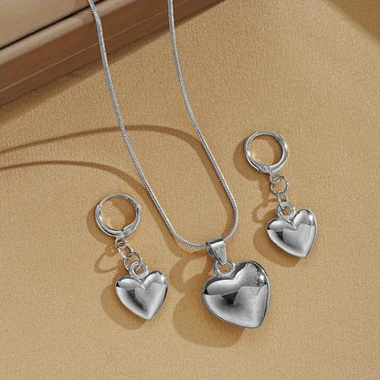 Tone Puffy Heart Pendant Necklace and Huggie Earrings Set, Minimalist Romantic Dainty Jewelry for Women - color: Silver