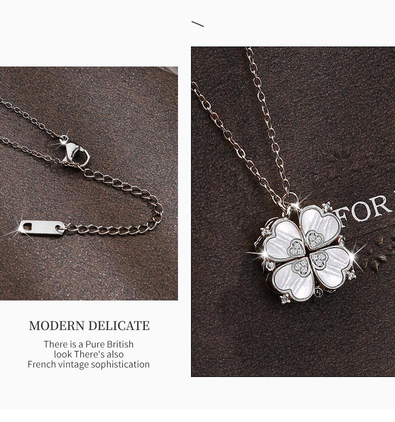 Four Leaf Clover Necklace Foldable for Women,Four Heart Grass Women's Necklaces Crocker,Retro Magnetic Folding Love Heart Pendant One Style,Two Wearing Methods - color: Silver