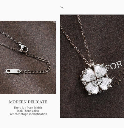 Four Leaf Clover Necklace Foldable for Women,Four Heart Grass Women's Necklaces Crocker,Retro Magnetic Folding Love Heart Pendant One Style,Two Wearing Methods - color: Silver