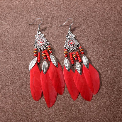 Boho Western Earrings for Women Western Feather Earrings Vintage Concho Turquoise Teardrop Dangle Earrings Country Concert Jewelry Accessories - style: Red feather