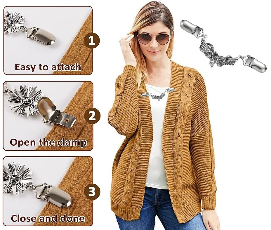 Vintage Sweater Clips Shawl Dresses Shirt Clips Retro Cardigan Collar Chain Clips Brooch Pins for Women - style: Style 7