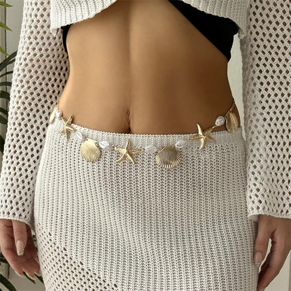 Gold Starfish Waist Chain Belt for Women Pearl Starfish Shell Mermaids Belly Chains Layered Boho Flower Belt Chains Sex Bikini Body Chain Mermaids Costume Accessories Summer Beach Jewelry - style: Starfishes SeaShell