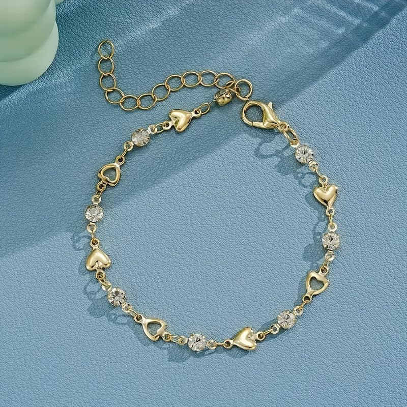 1PC Chain Bracelet, Gold Tone, Solid And Hollow Heart Charms, Paved Crystal Accents, Minimalist Design, Jewelry For Outfit Matching(Gold)