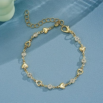1PC Chain Bracelet, Gold Tone, Solid And Hollow Heart Charms, Paved Crystal Accents, Minimalist Design, Jewelry For Outfit Matching(Gold)