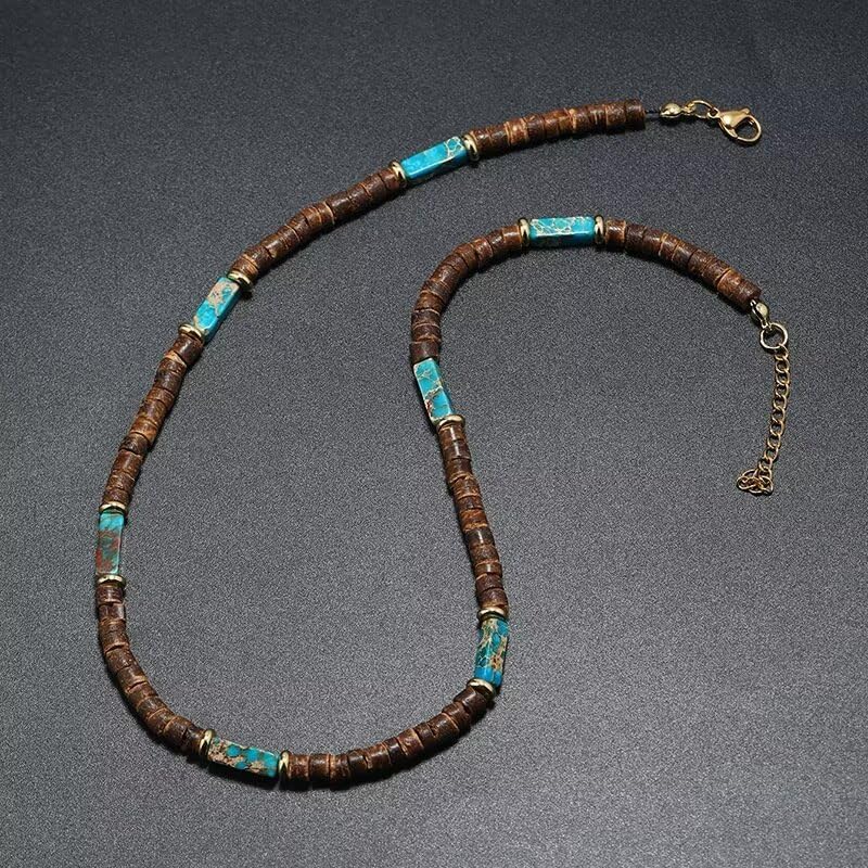 Handmade Wooden Beads Choker Necklace for Men Women Bohemian Coconut Beaded Surfer Necklace Hawaiian Summer Beach Jewelry - color: Blue