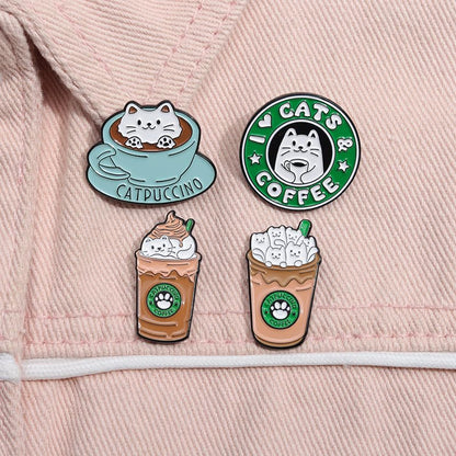 Cartoon Animal Enamel Brooch Set Cute Butterfly Duck Cat Lapel Pins for Backpacks Jacket Decoration Gifts for Friends - style: Bottle Cat Cup