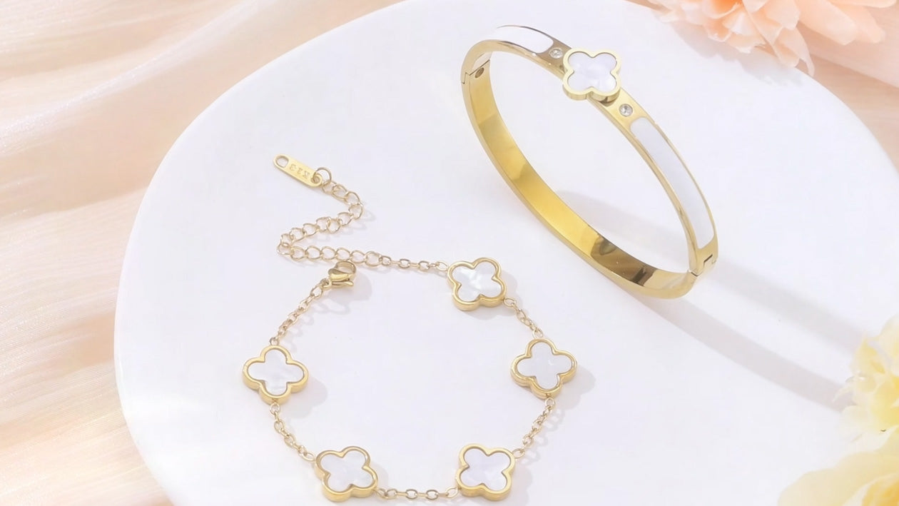 Gold Clover Bangle Bracelets for Women Men 2pcs Bracelet Stack | 18K Gold Plated Stainless Steel Non Tarnish,Chunky Black and White Jewelry,Four Leaf Clover Bracelet Bangles gifts for women - color: Silver-White Set