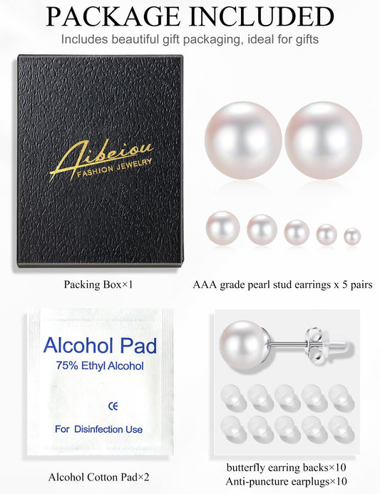 5 Pairs Pearl Earrings for Women Hypoallergenic Ball Studs Earrings Set Women 316L Surgical Steel Silver Pearl Earrings Birthday Valentines Day Gifts - color: A001-silver