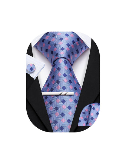 YOHOWA Men Plaid/Striped Ties Clip Set Silk Necktie Pocket Square Cufflinks | Woven Classic,Formal/Casual Mens Tie,Pocket Square Cufflinks Set,Luxury,Business,Wedding,Party,Prom,Graduation - color: Dusty Blue