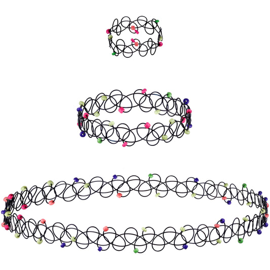 EXPRESSIONS 3pc Assorted Tattoo Stretch Jewelry Collection - Tattoo Choker Necklace, Bracelet & Ring Set - Stretchy Tattoo Effect Jewelry Accessories For Kids And Adults - color: BLACK-