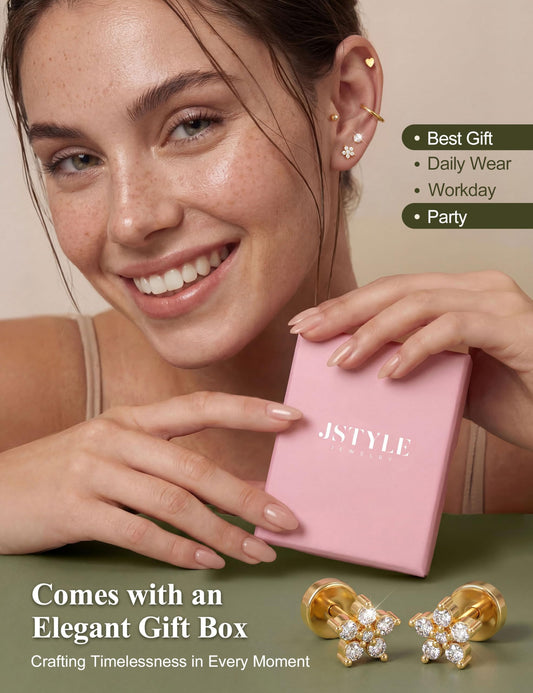 Jstyle Hypoallergenic Earrings for Sensitive Ears, Comfortable Flat Back Earrings for Sleeping, Surgical Steel Cartilage Earring Stacks for Multiple Piercing 14K Gold Plated Nickel-Free Jewelry - color: 14K Gold Plated
