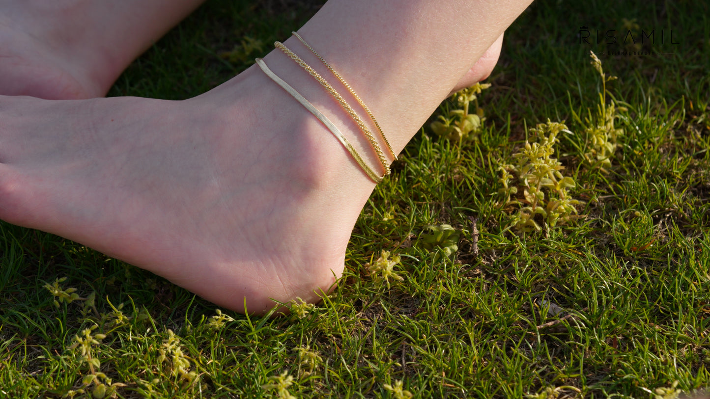 Risamil 14K Gold Plated Ankle Bracelets for Women, Anklets for Women Waterproof Layered Ankle Bracelets for Women Teen Girl Herringbone Anklet Set Summer Foot Jewelry Gifts - color: 3PCS-06